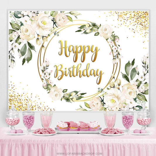 Lofaris Floral With Golden Circle Dots Happy Birthday Backdrop