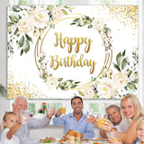 Load image into Gallery viewer, Lofaris Floral With Golden Circle Dots Happy Birthday Backdrop