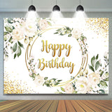 Load image into Gallery viewer, Lofaris Floral With Golden Circle Dots Happy Birthday Backdrop