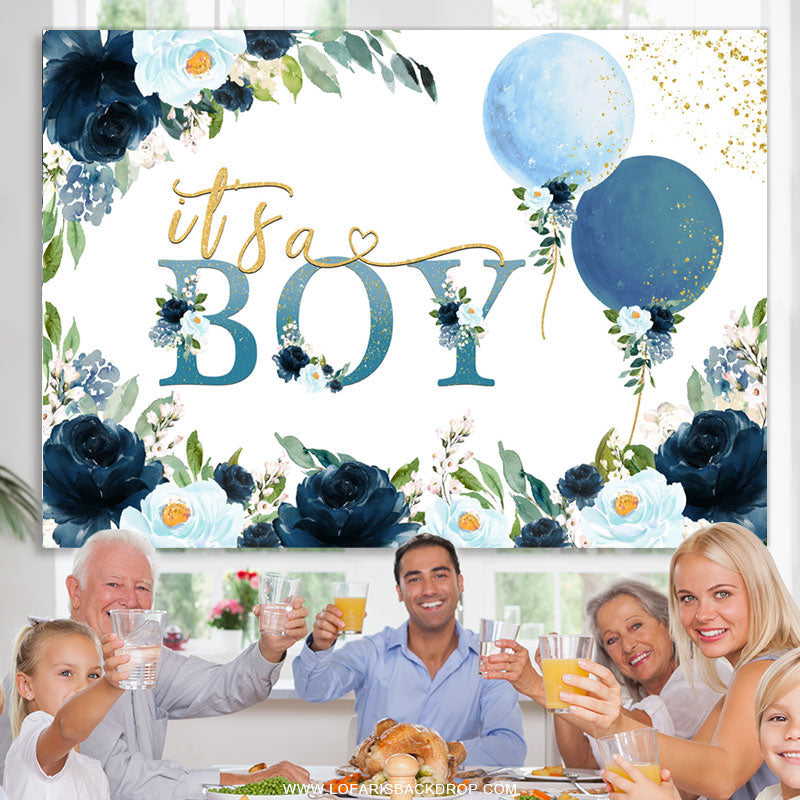 Lofaris Flower And Balloons Blue Theme Baby Shower Backdorp