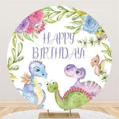 Lofaris Flower And Dinosaur Family Happy Birthday Circle Backdrop