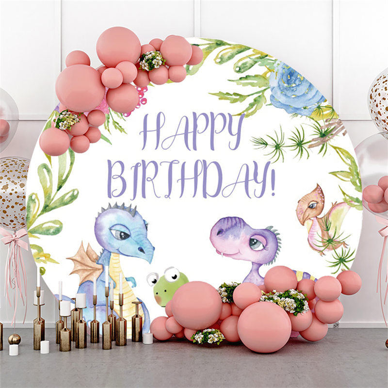 Lofaris Flower And Dinosaur Family Happy Birthday Circle Backdrop