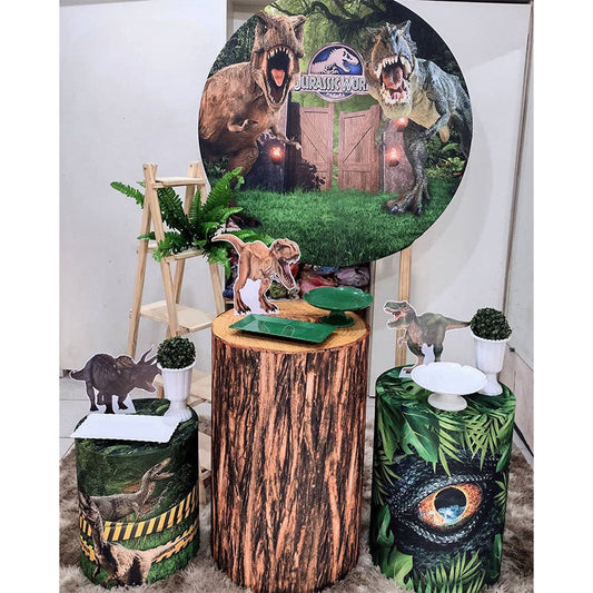 Lofaris Forest And Dinosaur World Round Boys Birthday Backdrop Kit