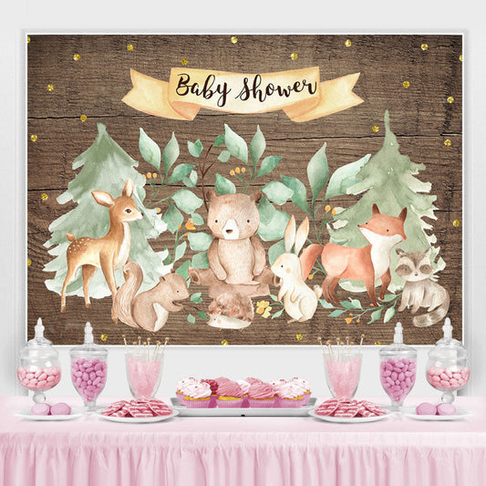 Lofaris Forest Animal Wooden Gold Glitter Backdrop for Baby Shower