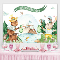Lofaris Forest Bear And Rabbit White Happy Birthday Backdrop