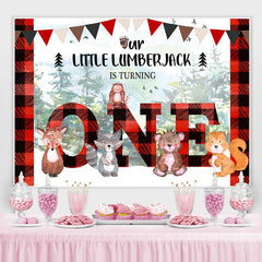 Lofaris Forest Red and Black Stripe Happy 1St Birthday Backdrop