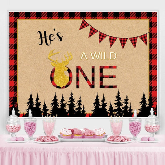 Lofaris Forest Wild One Red Plaid Backdrop for Baby Shower