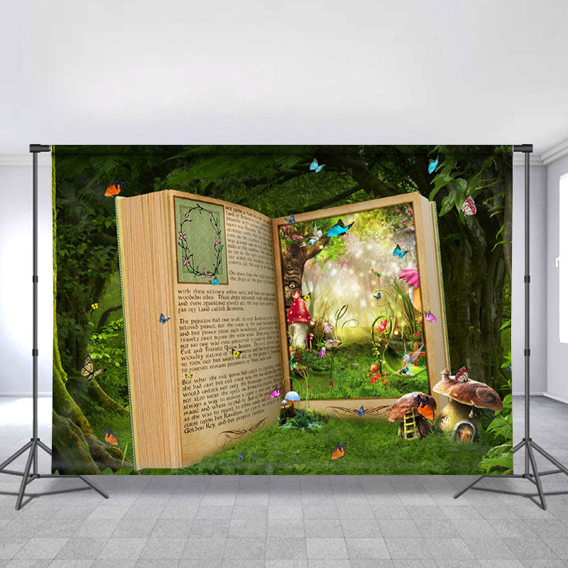 Lofaris Forest With Cartoon Book And Butterfly Spring Backdrop