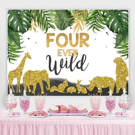 Lofaris Four Ever Wild Animals Green Leaves Birthday Backdrop for Boys