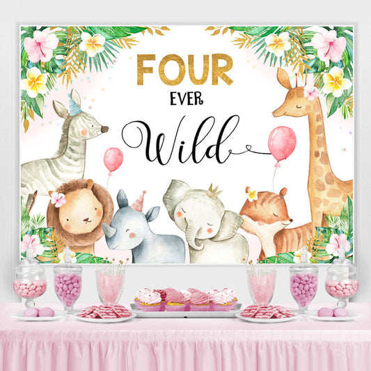 Lofaris Four Ever Wild Animals Pink Floral 4th Birthday Backdrop for Girls
