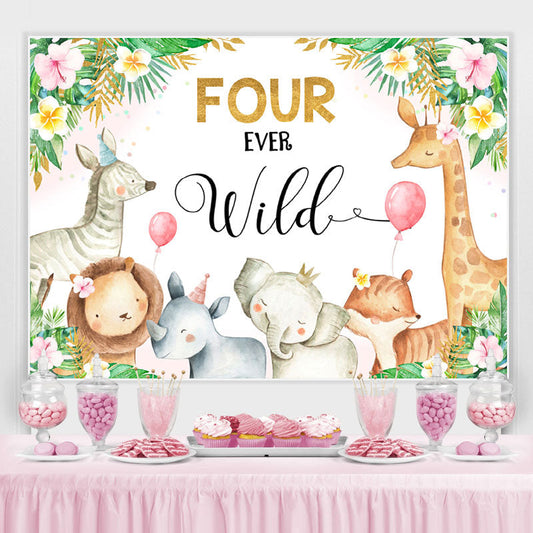 Lofaris Four Ever Wild Animals Pink Floral 4th Birthday Backdrop for Girls