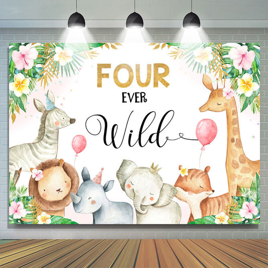 Lofaris Four Ever Wild Animals Pink Floral 4th Birthday Backdrop for Girls
