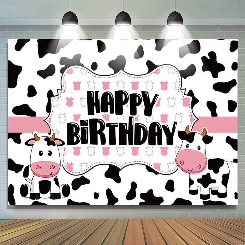 Lofaris Funny Cow Farm Animal Pink Happy Birthday Backdrop