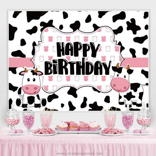 Lofaris Funny Cow Farm Animal Pink Happy Birthday Backdrop