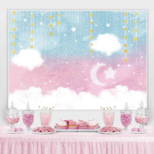 Lofaris Pink Star Moon Clouds Party Baby Shower Backdrop
