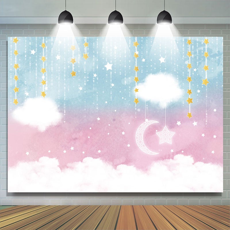 Lofaris Pink Star Moon Clouds Party Baby Shower Backdrop