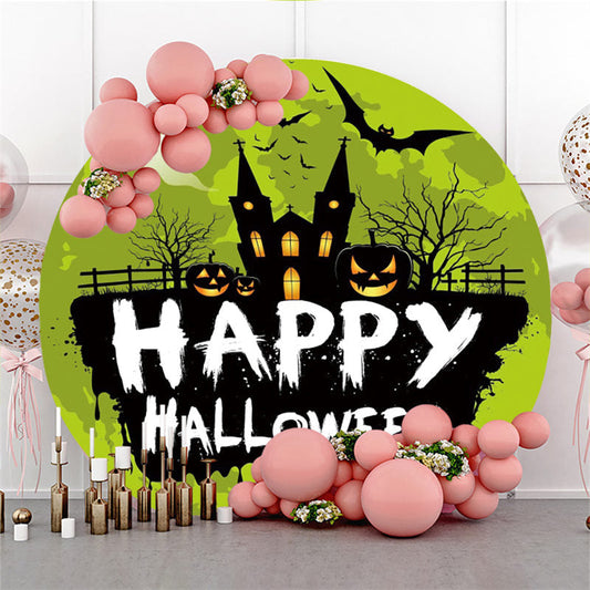Lofaris Ghost Pumpkin Bat Green Happy Halloween Round Backdrop