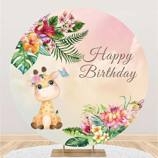 Lofaris Giraffe And Floral Round Happy Birthday Party Backdrop