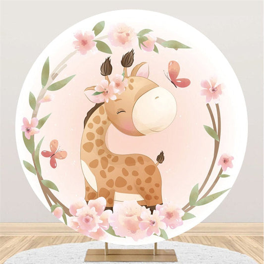 Lofaris Giraffe With Pink Flower Butterfly Circle Backdrop