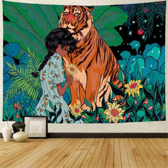 Lofaris Girl and Tiger Floral Fairytale Landscape Wall Tapestry