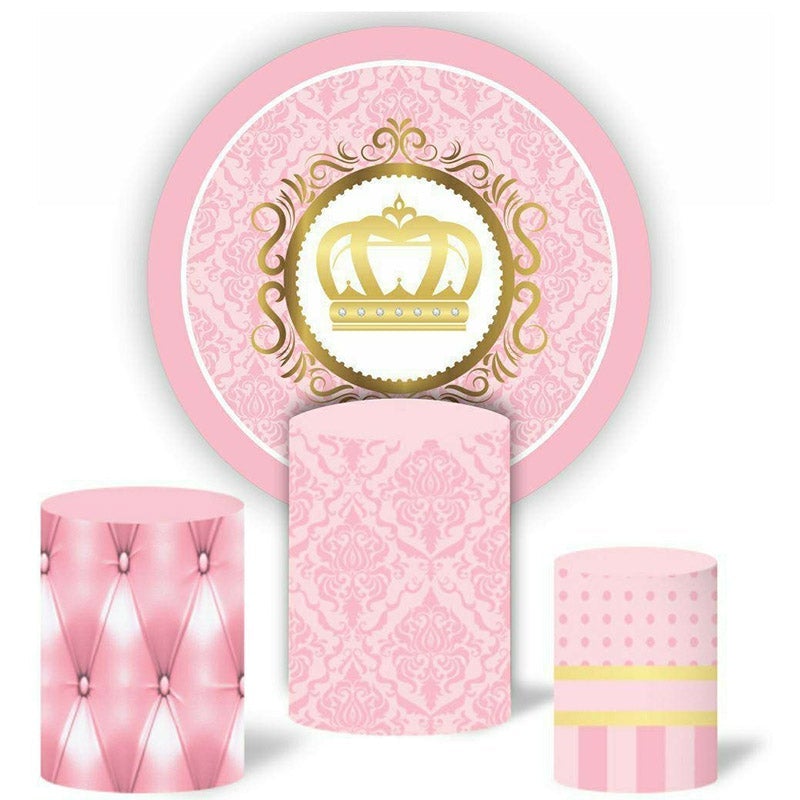 Lofaris Girls Gold Crown Round Pink Birthday Party Backdrop Kit