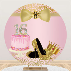 Lofaris Glitter 16 Pink Cake Happy Birthday Circle Backdrop