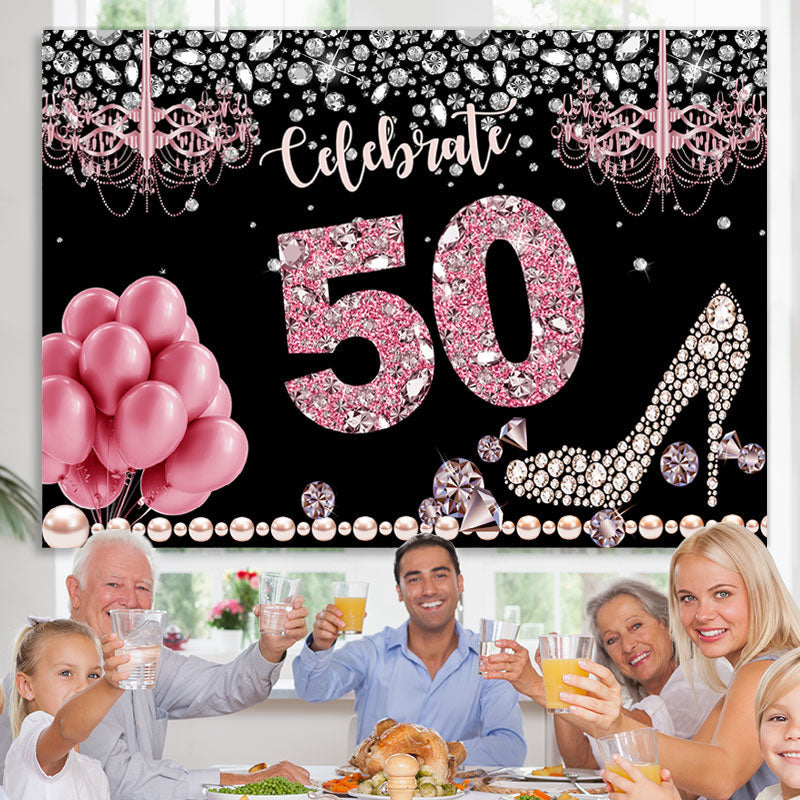 Lofaris Glitter And Bokeh Balloon Happy 50Th Birthday Backdrop