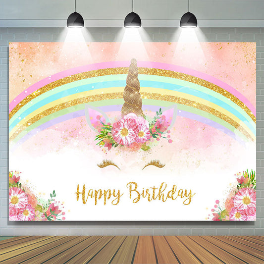 Lofaris Glitter And Floral Unicorn Happy Birthday Backdrop