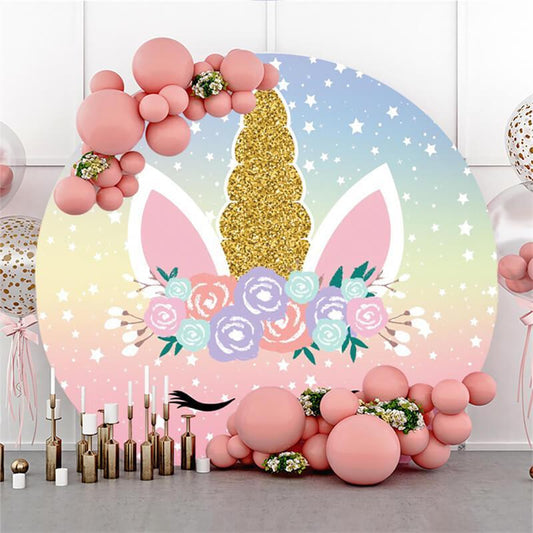 Lofaris Glitter And Floral Unicorn Themed Round Birthday Backdrop