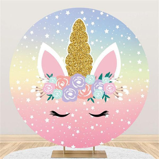 Lofaris Glitter And Floral Unicorn Themed Round Birthday Backdrop