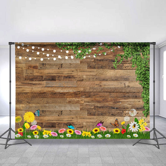 Lofaris Glitter And Floral Wooden Happy Day Spring Backdrop