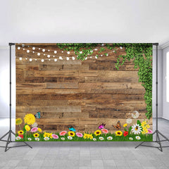 Lofaris Glitter And Floral Wooden Happy Day Spring Backdrop