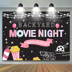 Lofaris Glitter Backyard Movie Night Happy Birthday Backdrop