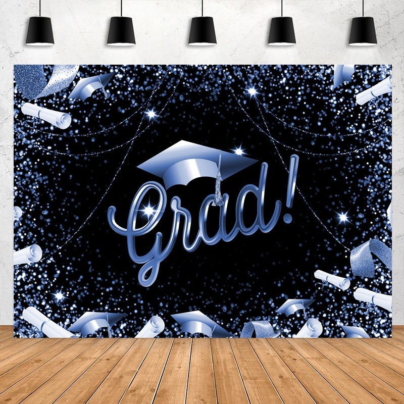 Lofaris Glitter Blue And Black Theme Happy Graduation Backdrop