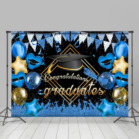 Lofaris Glitter Blue And Golden Balloon Flag Graduates Backdrop
