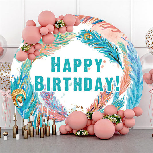Lofaris Glitter Blue Feather Happy Birthday Round Backdrop