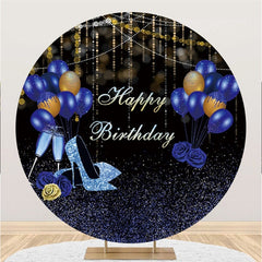 Lofaris Glitter Blue Gold Balloon Circle Happy Birthday Backdrop