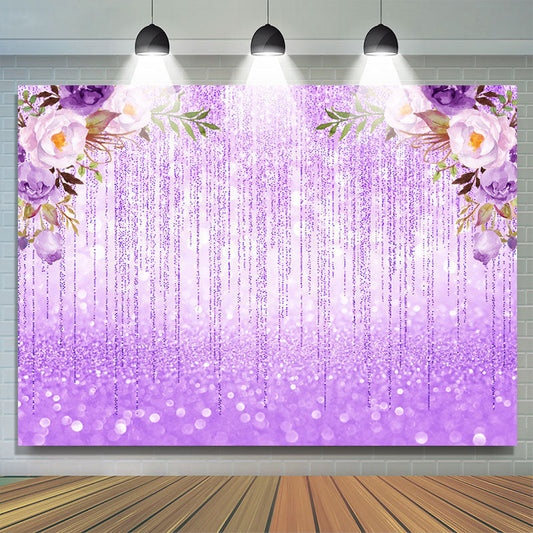 Lofaris Glitter Bokeh Purple Lines And Flower Birthday Backdrop