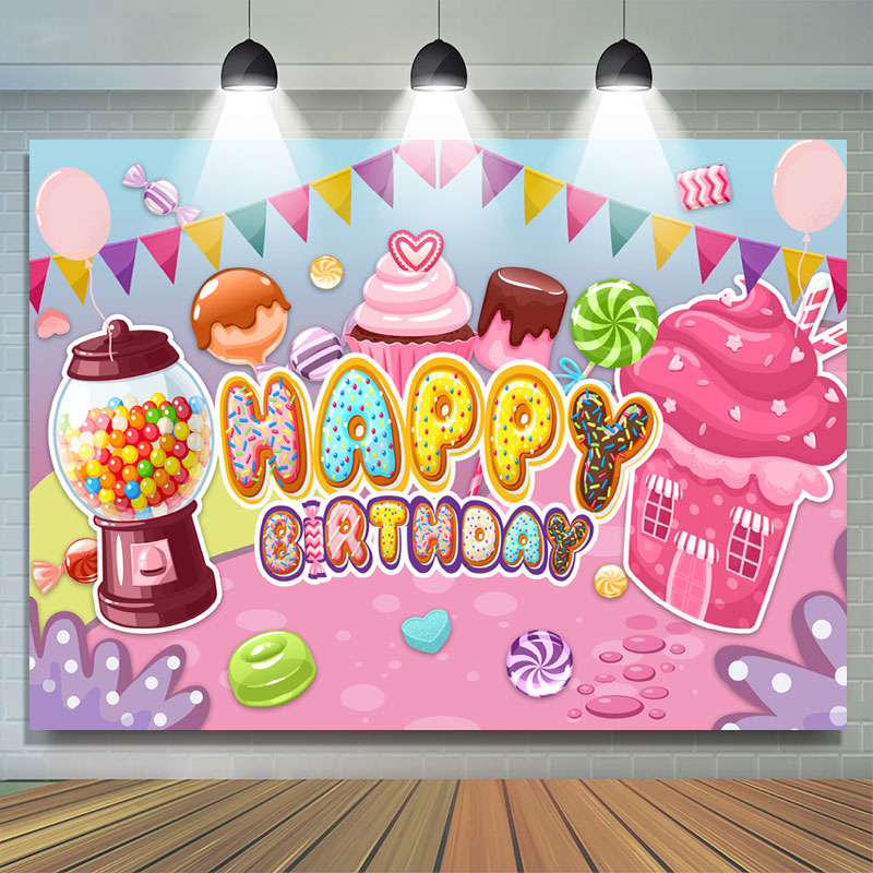 Lofaris Glitter Cute Candy And Cupcake Happy Birthday Backdrop