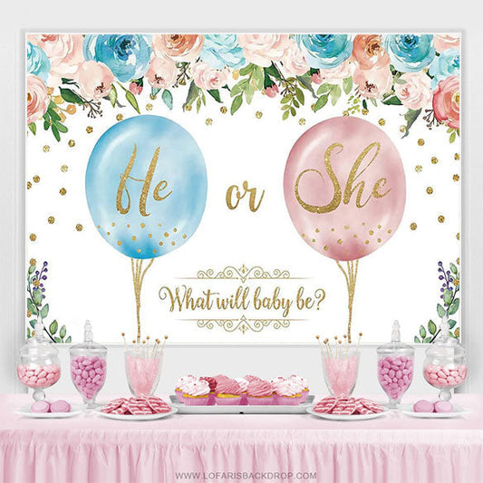 Lofaris Glitter Floral Balloon Baby Gender Reveal Backdrop