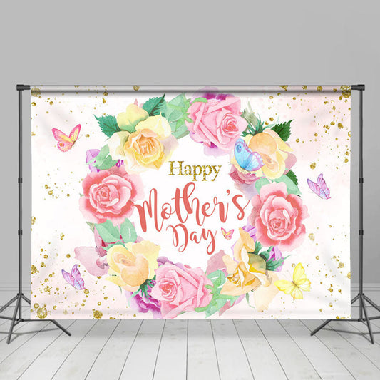 Lofaris Glitter Floral Butterfly Happy Mothers Day Backdrop