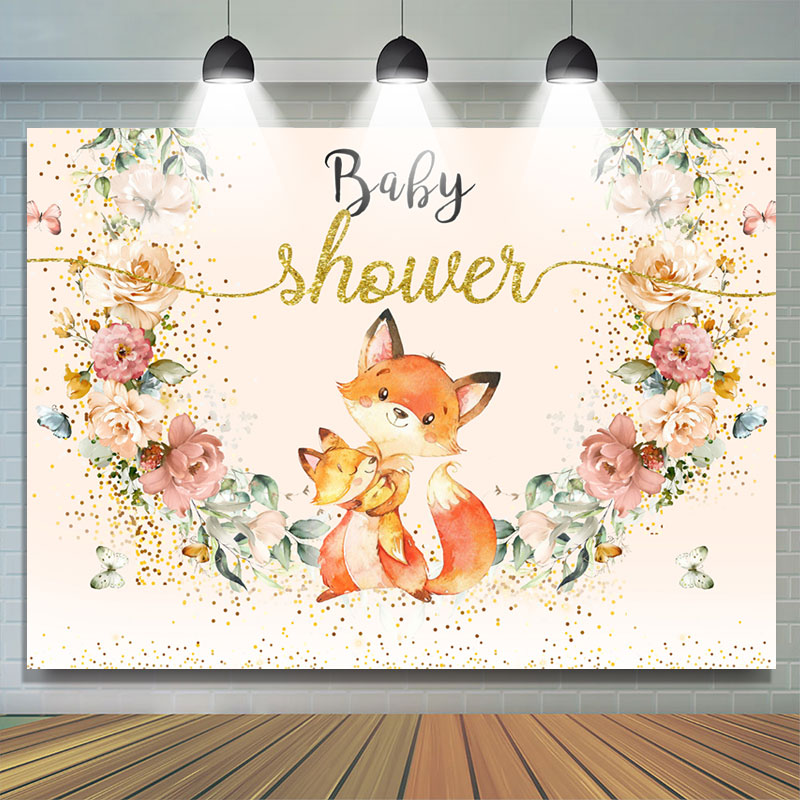 Lofaris Glitter Floral Fox Mom Baby Shower Party Backdrop
