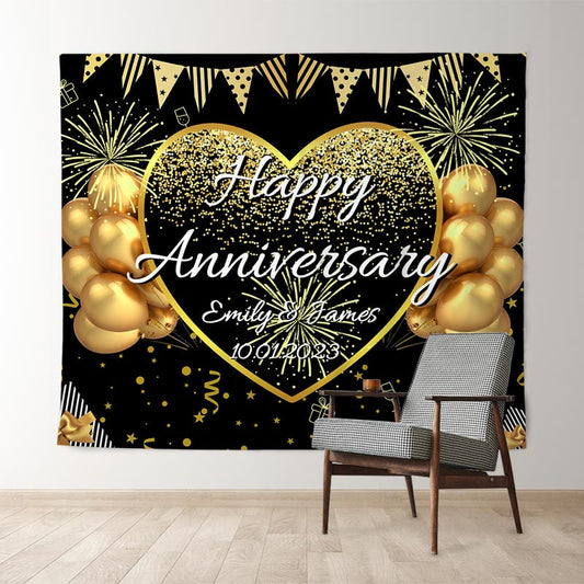 Lofaris Glitter Glod Love Balloons Happy Anniversary Backdrop