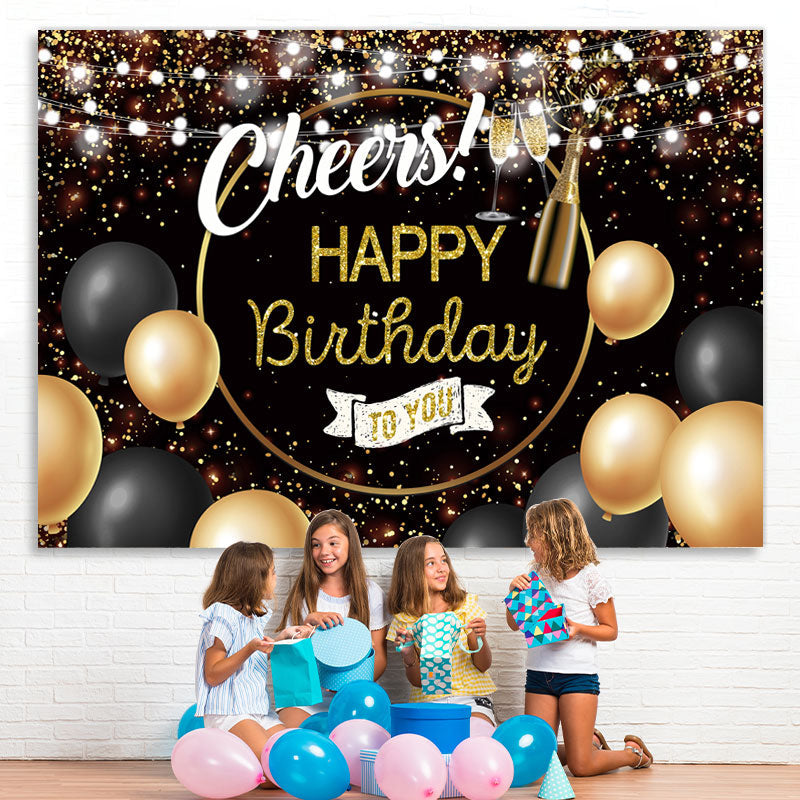 Lofaris Glitter Golden And Black Cheers Happy Birthday Backdrop