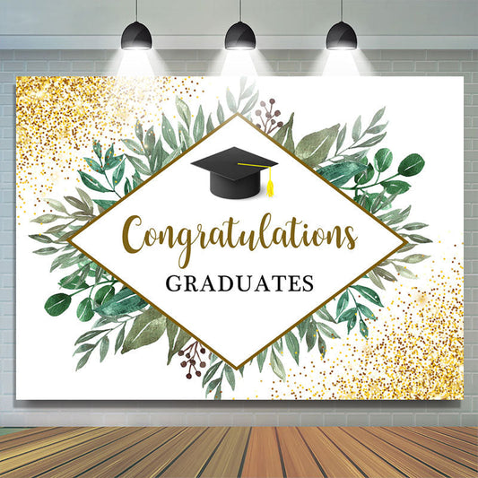 Lofaris Glitter Golden And Green Leaves Graduation Backdrop