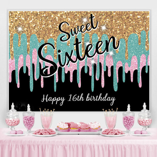 Lofaris Glitter Golden Blue Pink Sweet 16 Birthday Backdrop