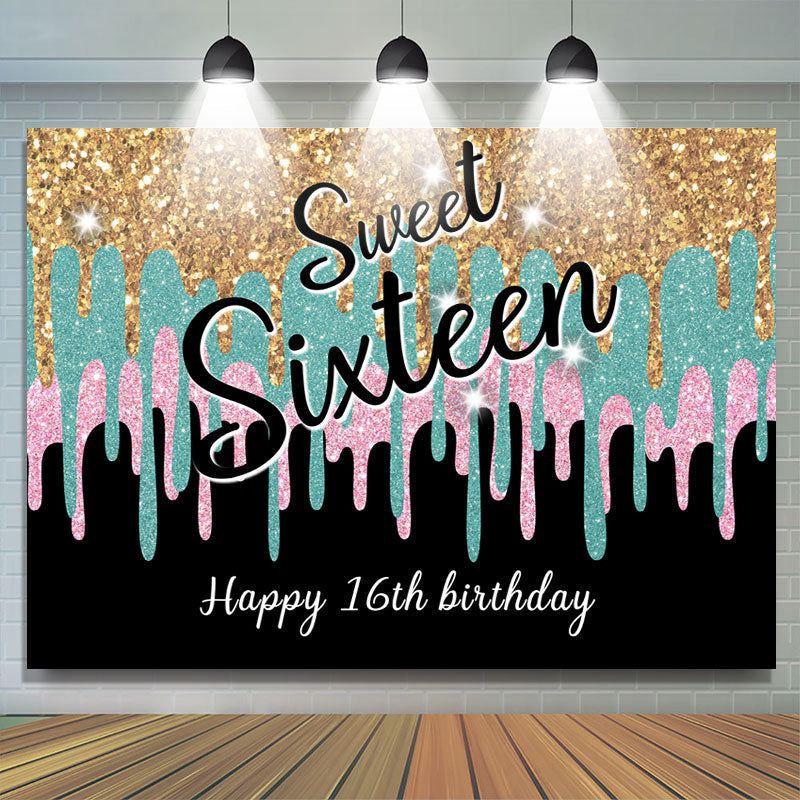 Lofaris Glitter Golden Blue Pink Sweet 16 Birthday Backdrop