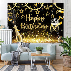 Lofaris Glitter Golden Pearl Stars Happy Birthday Backdrop