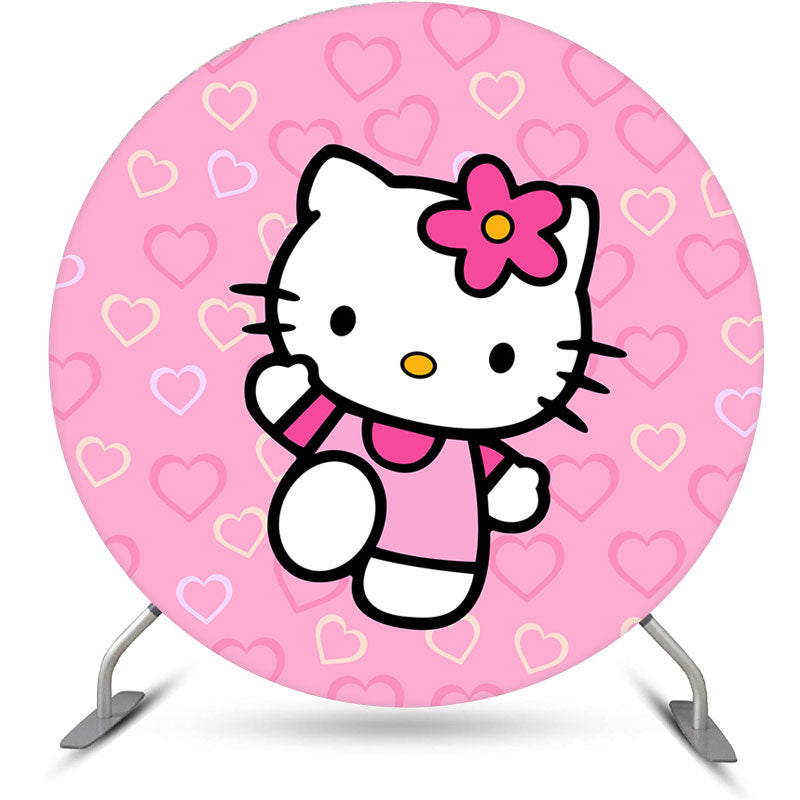 Lofaris Glitter Heart Pink Kitty Round Girl Birthday Backdrop