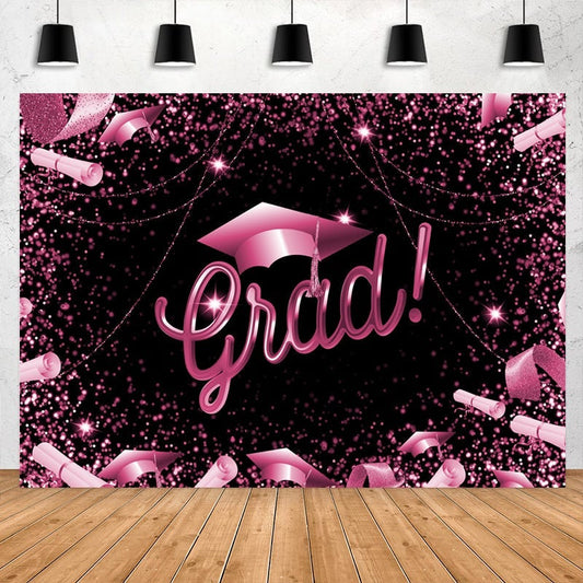 Lofaris Glitter Hot Pink And Black Happy Graduation Backdrop